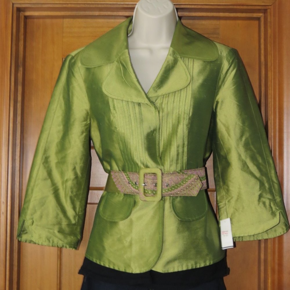 NWT Andrea Becker Chartreuse Green Silk Long Sleeve Top Evening Belt